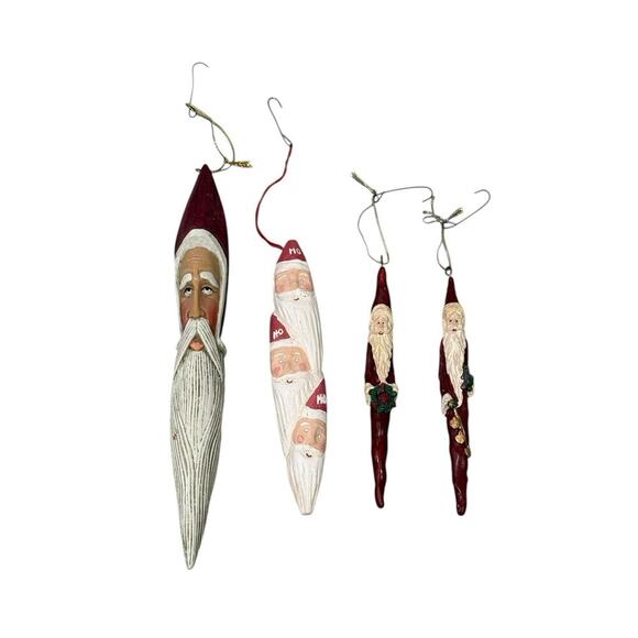 Vintage Look Folk Art Santa Head Long Teardrop Head Ornaments Lot Of 4 - Picture 1 of 5
